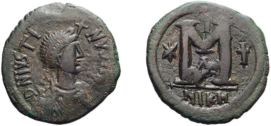 Byz Justin I - Nicomedia Follis star cross cross with Cross Obverse SB 86 - Auct pic.jpg