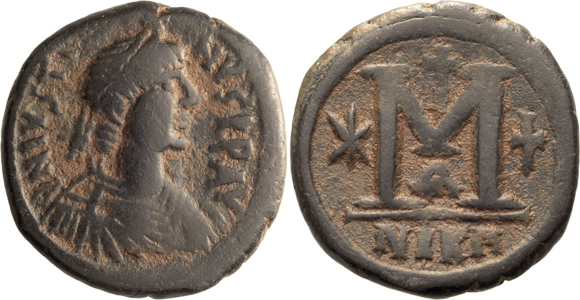 Byz Justin I - Nicomedia Follis star cross cross with Cross Obverse SB 86 - Auct2 pic.jpg