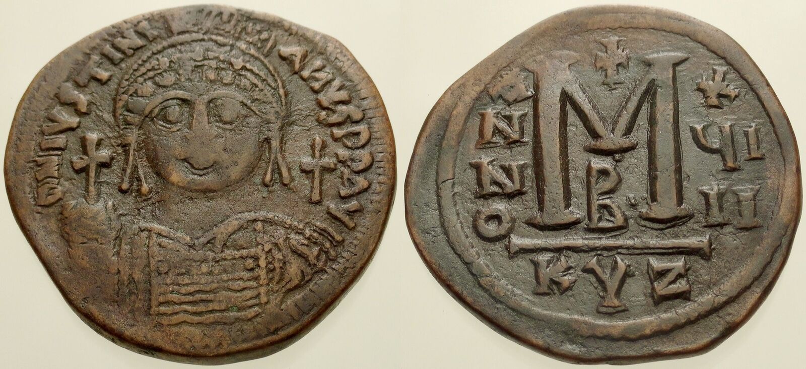 Byzantine Empire, Justinian I. 527 - 565 AD. AE- Follis. Cyzicus Mint. 35.34mm, 19.61g. VF..jpg