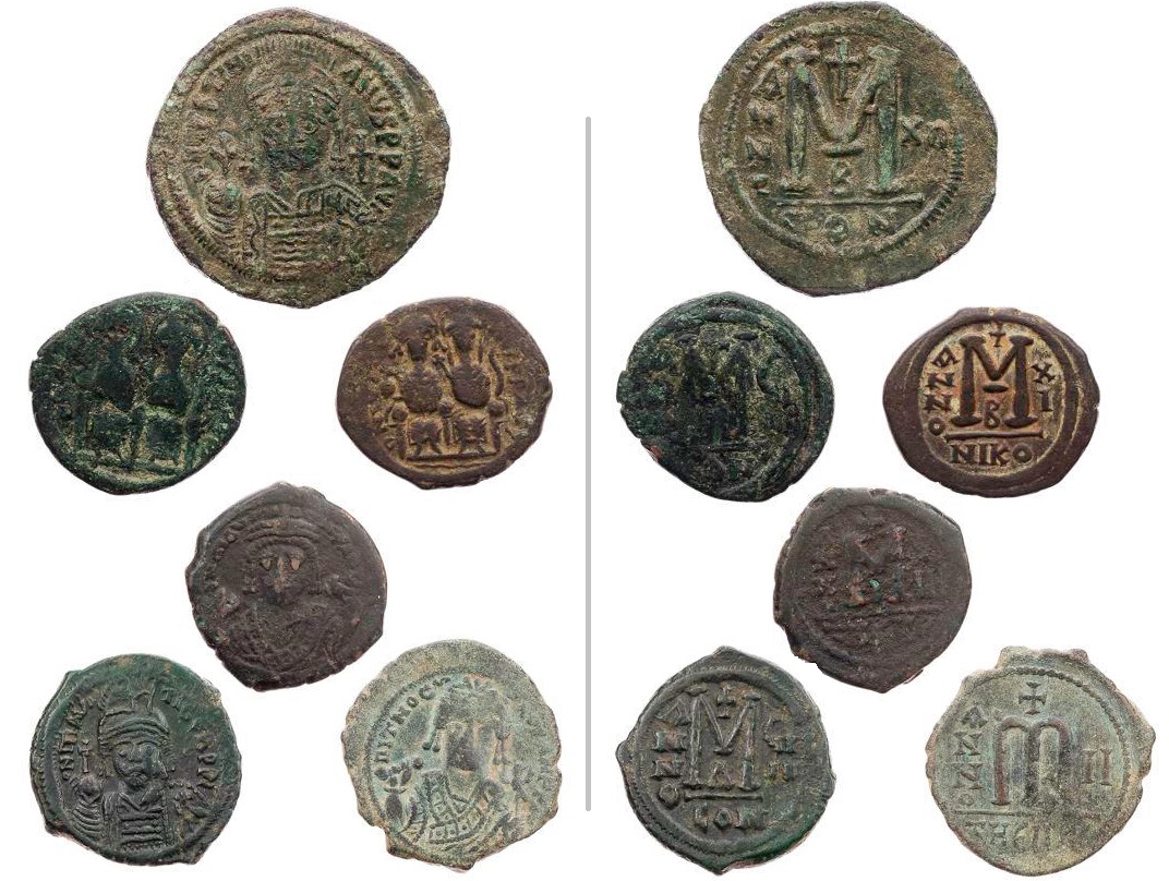 Byzantine Folles 6X Kolner 112-516 (part) Maurice Tiberius Justinian Follis Justin II Sophia.jpg
