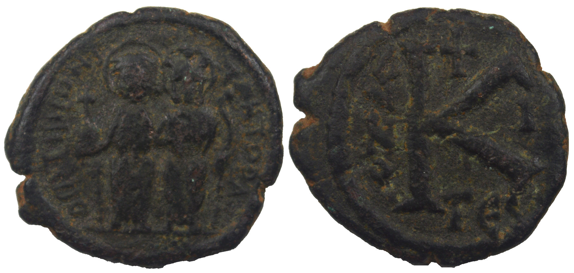 Byzantine Maurice Tiberius and Constantina AE Half Follis 1682.jpg