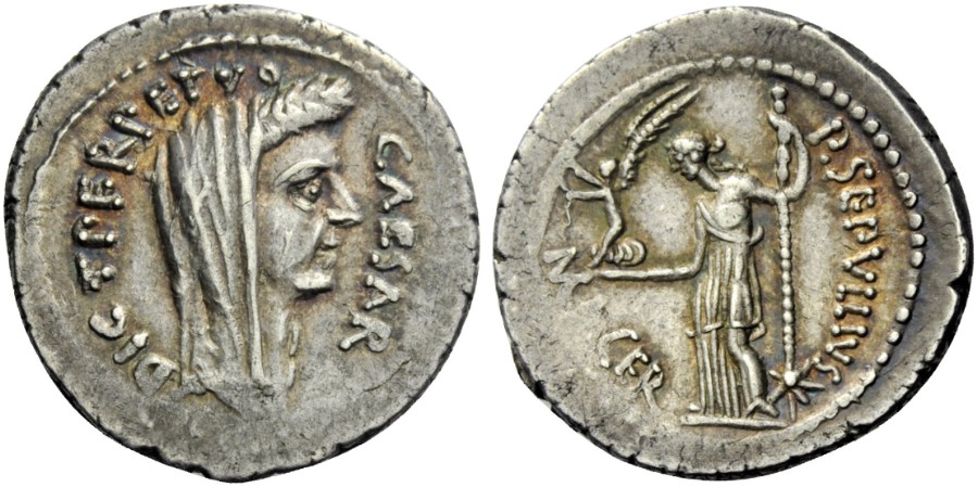Caesar & Sepullius Macer Denarius 480-14 NAC 2014.jpg