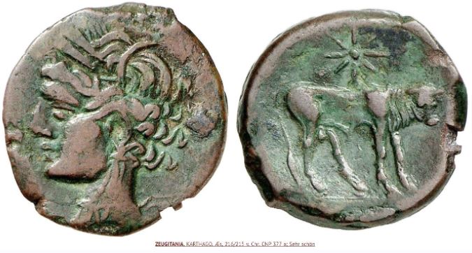 Carthage 216-215 BCE Sardinia mint  AE 3.3g Tanit L - BULL stndg R CNP 377a.JPG