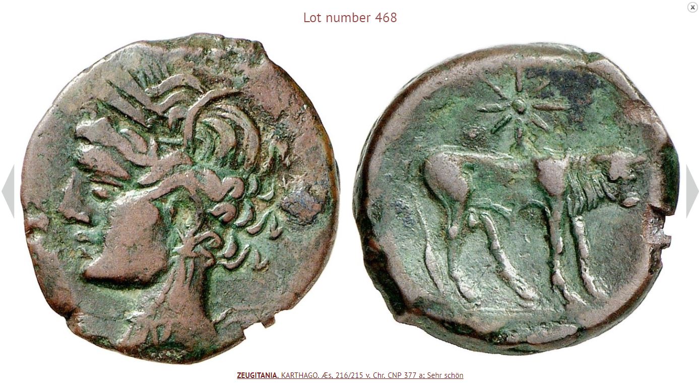 Carthage 216-215 BCE Sardinia mint AE 3.3g Tanit L - Steer stndg R CNP 377a.JPG