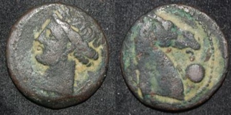 Carthage 3rd C BC AE 20 Sardinia Mint Tanit-Kore Horse Hd Pellet O-R.jpg