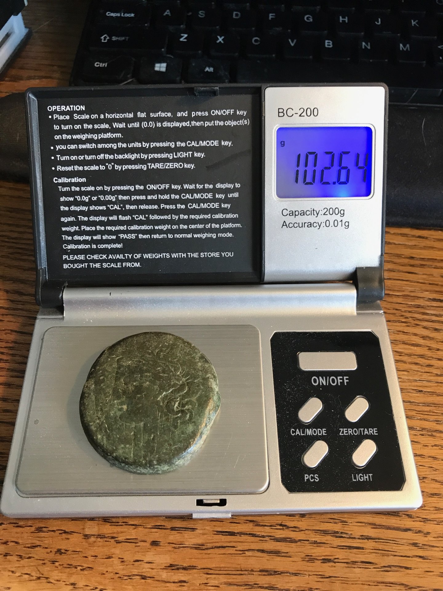 Carthage AE 15-Shekel 102.6g on Scale.JPG