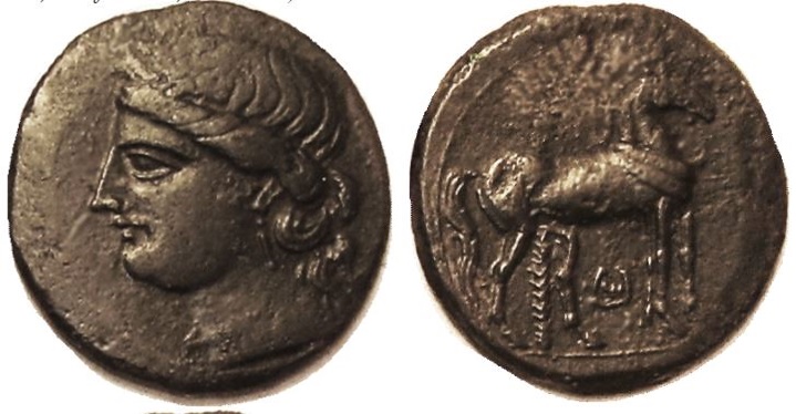 Carthage AE 31mm 220-215 BCE Second  Punic War Tanit Horse Palm Pumic th SNG COP 342.jpg