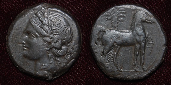 Carthage AE Trishekel Obv-Rev 220-215 BCE Lot 36.jpg