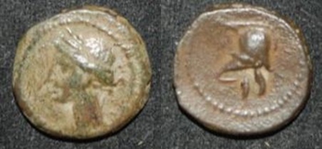 Carthage Iberia 218-208 BC AE 13 1-4 Calco Barcid Military Mint 2nd Punic Tanit Helmet O-R.jpg