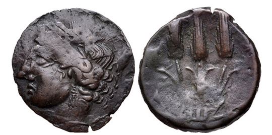 Carthage - LIBYAN REVOLT 241-238 BCE Sardinia mint Tanit 3 Grain ears SNG Cop 252.JPG