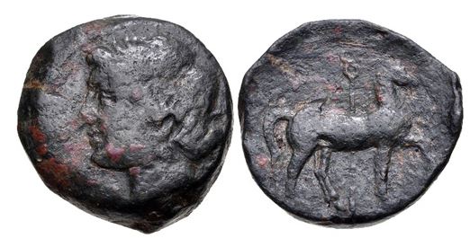 Carthage mint 2nd Punic War 215-201 BCE AE Shekel Tanit Horse stepping kerykeion SNG Cop 327.JPG