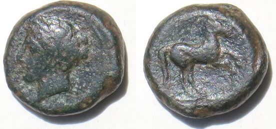 Carthage Siculo-Punic AE 17 Late 4th-Early 3rd C BCE Tanit Horse Prancing SNG COP 95.JPG