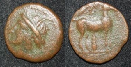 Carthage Zeugitana 400-350 BC AE 13 2.3g Tanit Horse std Palm.jpg