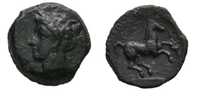 Carthage Zeugitana 400-350 BC AE 15 mm 3.39g Head Tanit l - Horse galloping r SNG COP 97.JPG