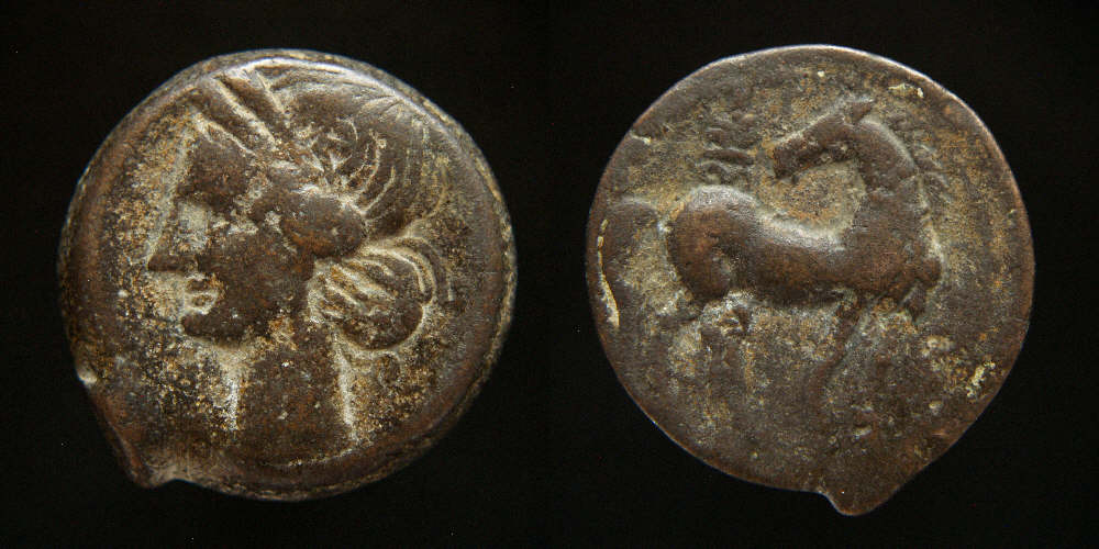 Carthage, Zeugitana, AE23.  Head of Tanit left  Horse right,head turned back, palmette  behind..JPG