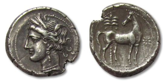 Carthage - Zeugitana AR Shekel-Didrachm 360-264 BCE Tanit Horse r head l palm.JPG