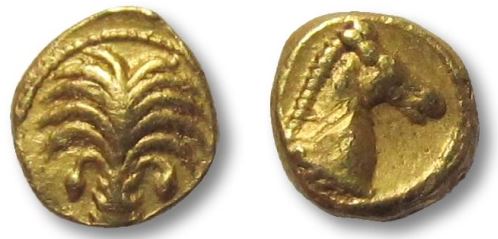 Carthage - Zeugitana AV 1-10th Stater-Shekel 350-320 BCE 0.94g 7.5mm Palm- Horse Head.JPG