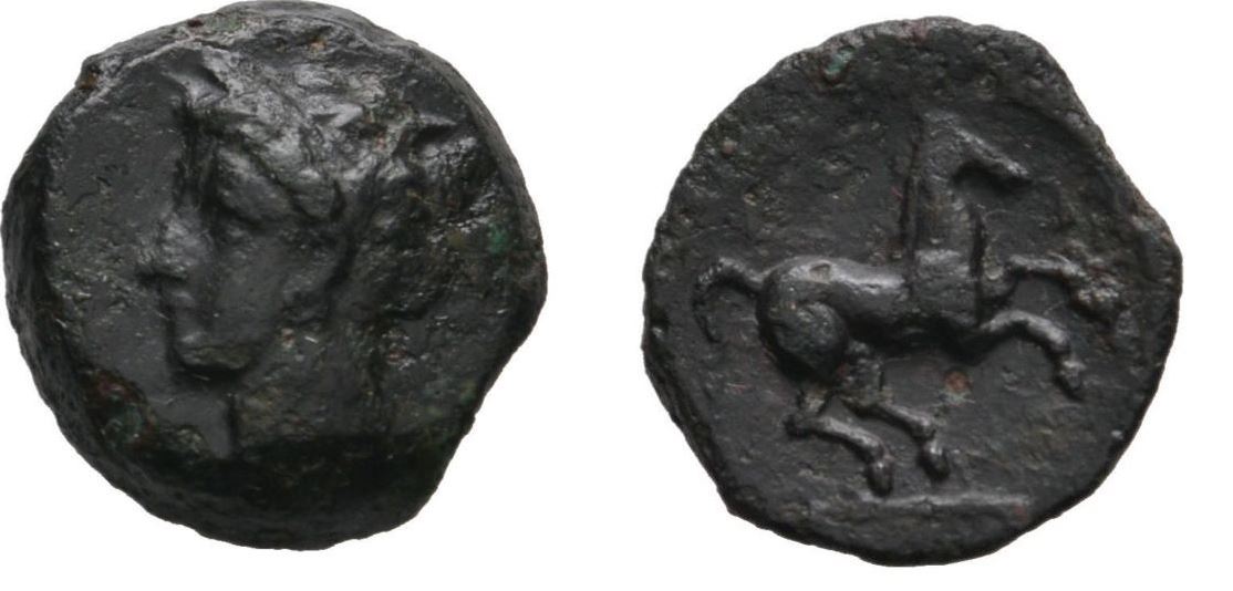 Carthage Zeugitania 400-350 BCE AE 15mm 3.39g Head of Tanit left Horse galloping r SNG Cop 97.JPG