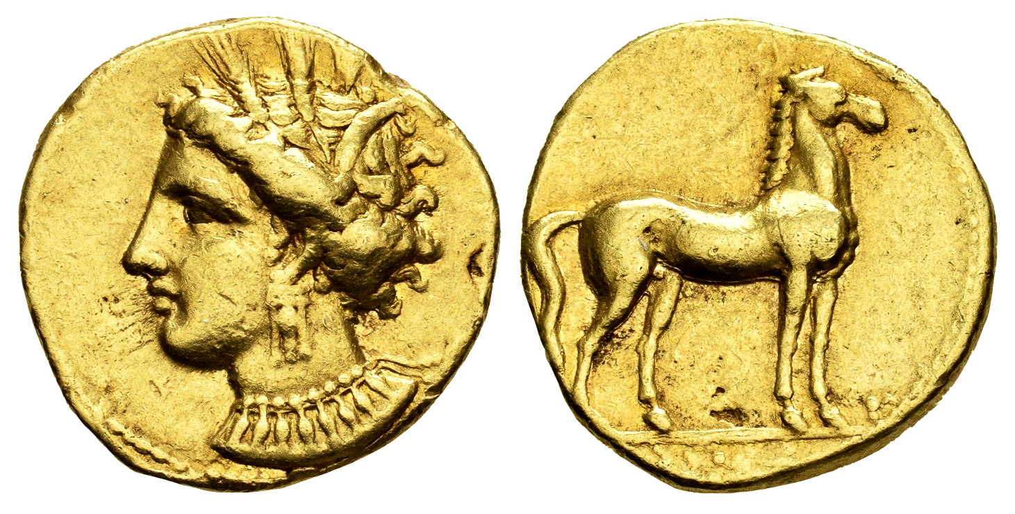 Carthaginian Gold Stater (minted in Carthage sometime between 350 and 340 BCE).jpg