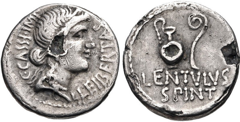 Cassius AR Denarius Spinther Bare Head Fourree CNG 2012.jpg