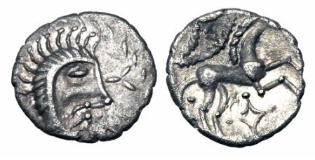 Celtic Britain Iceni Boudicca 61 CE 1.03g Celt Hd r Celtic horse galloping Scarce upside down.jpg