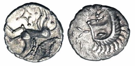 Celtic Britain Iceni Boudicca 61 CE 1.03g Celt Hd r Celtic horse galloping Scarce upside down.jpg