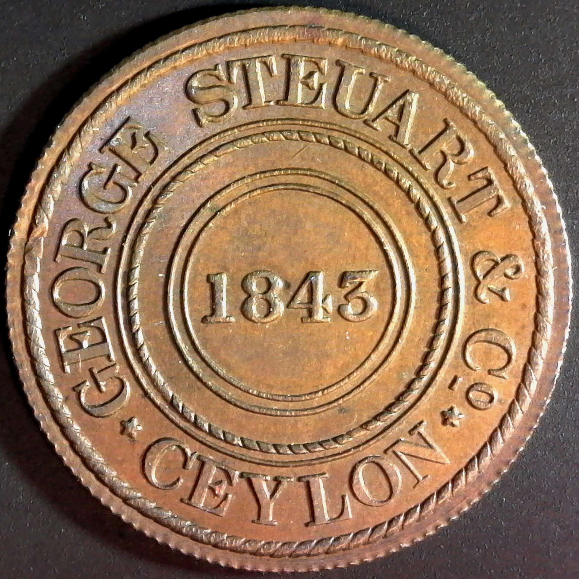 Ceylon Copper Token George Steuart & Co. Wekande Mills 1843 rev.jpg