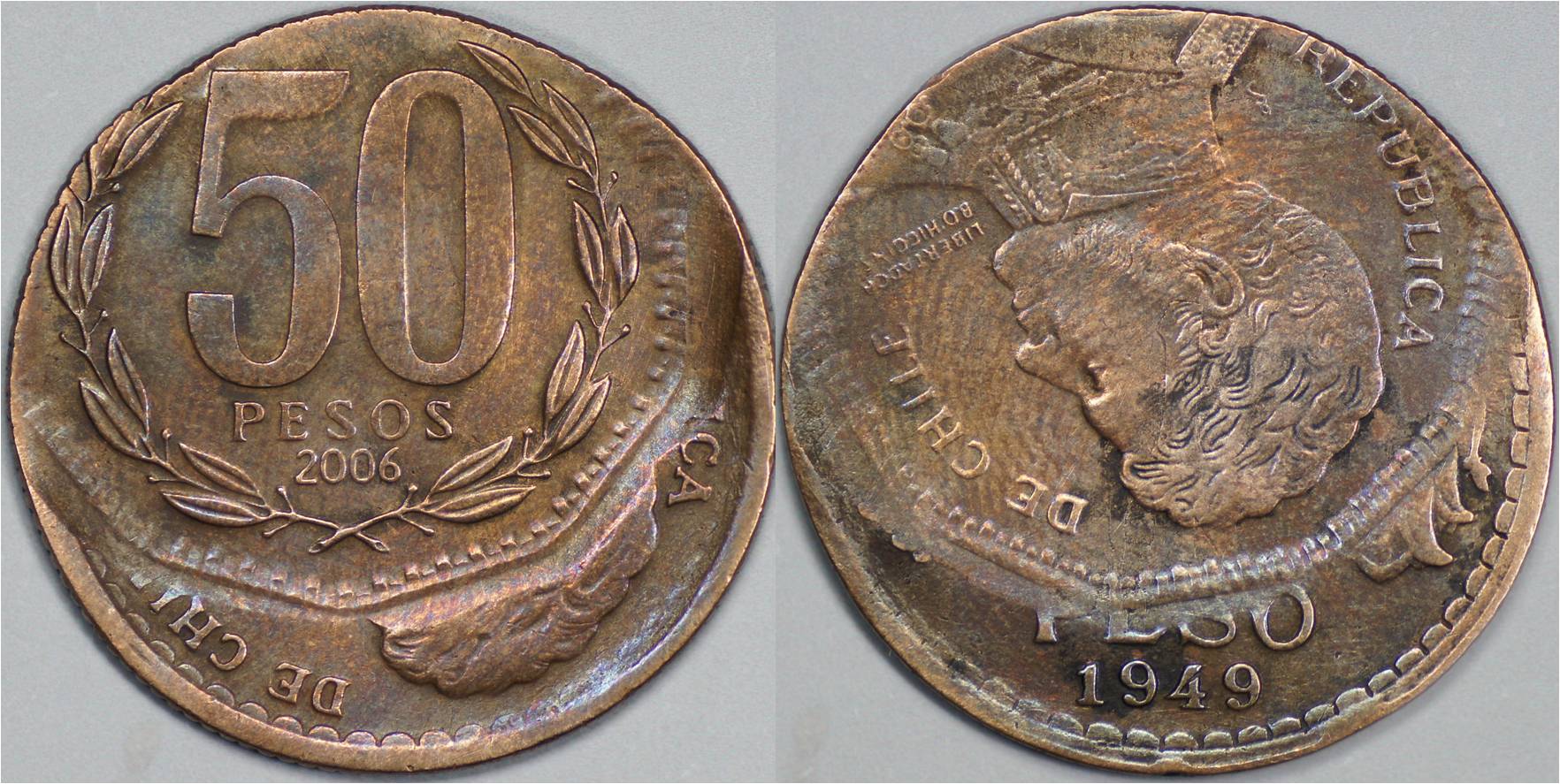 Chile 2006 50 pesos over 1949 1 peso (copper).jpg