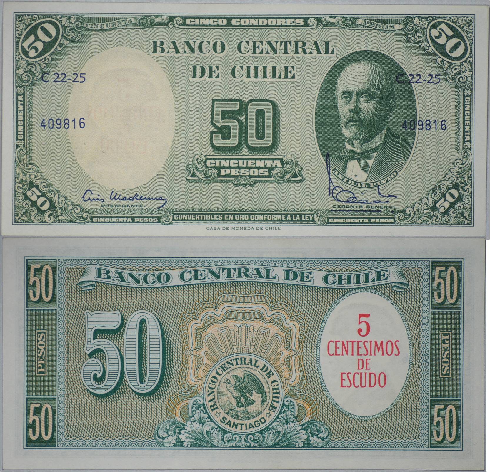 Chile 5 Centesimos on 50 Pesos  ND 1960-61.jpg