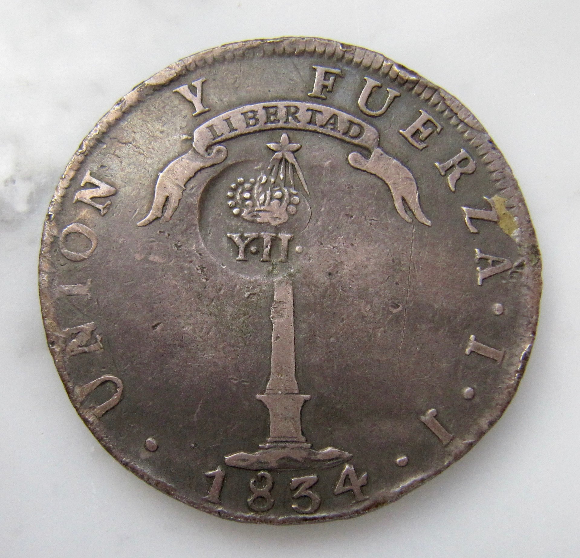 Chile Volcano Peso 1834 IJ with countermark YII OBV1 N - 1.jpg
