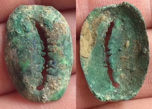 China Zhou -Chou- 1000-200 BCE Dynasty Bronze cowrie - some gold plate - VF - Rare.jpg