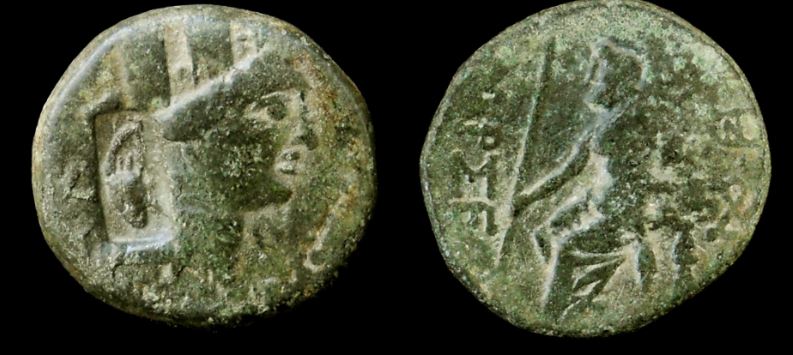 Cilicia - Tarsos turret counterstamped Bow Pompey Pirates AE 19 164 BCE Tyche-Zeus seated.JPG