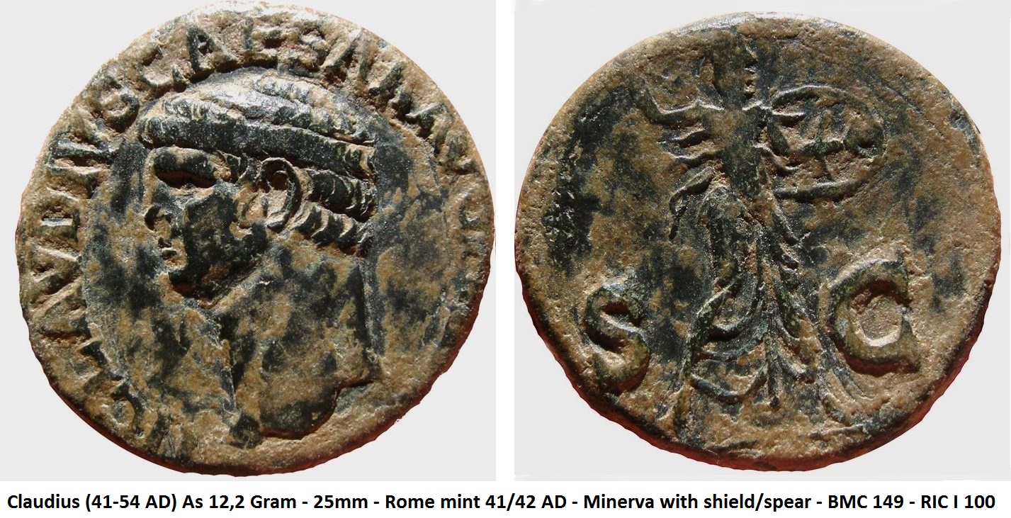 Claudius (41-54 AD) As 12,2 gr 25mm Rome 41AD Minerva shield spear BMC149RIC1-100.jpg