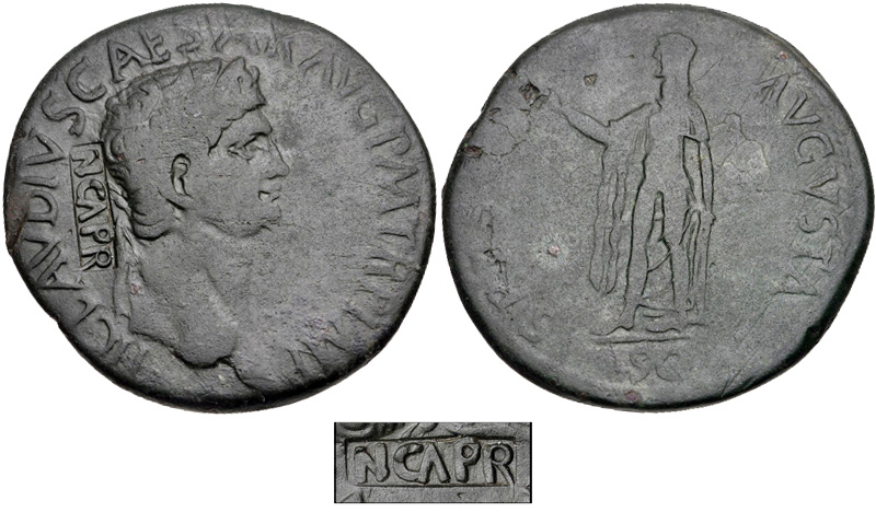 Claudius, sestertius, 42 mm, 21.84 gm, NCAPR countermark, R. Baker Col..jpg