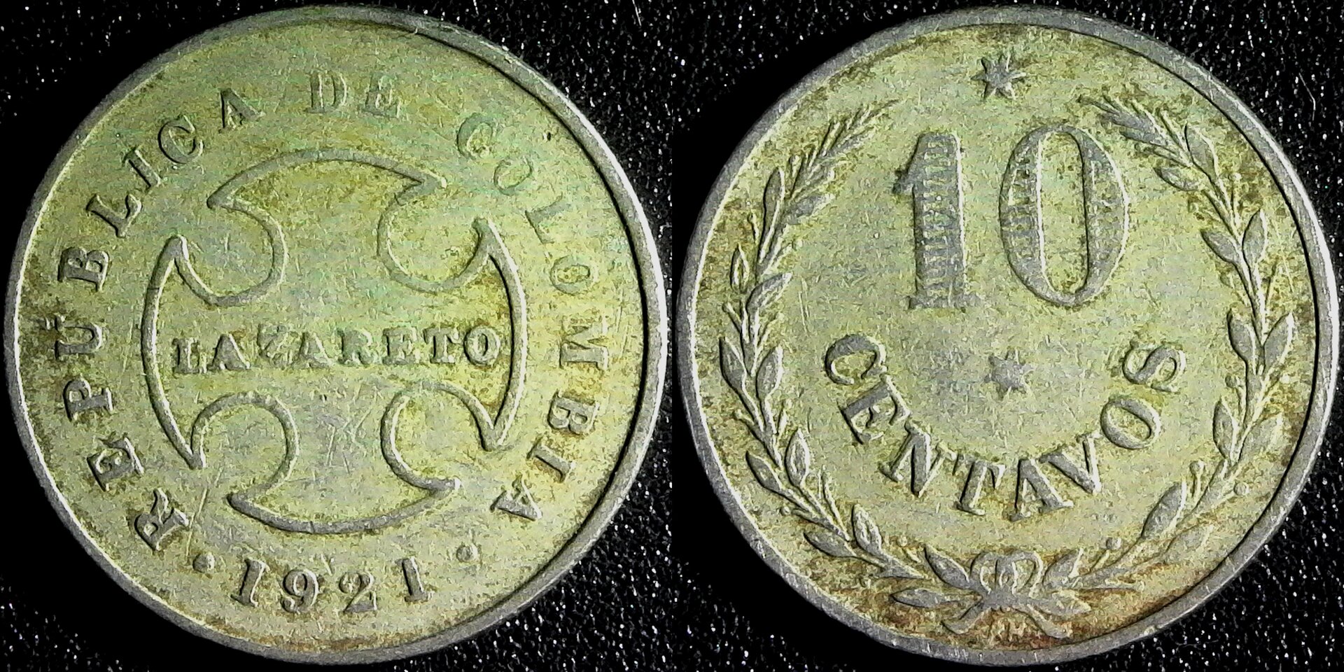 Colombia Lazereto 10 Centavos 1921 obv-side.jpg