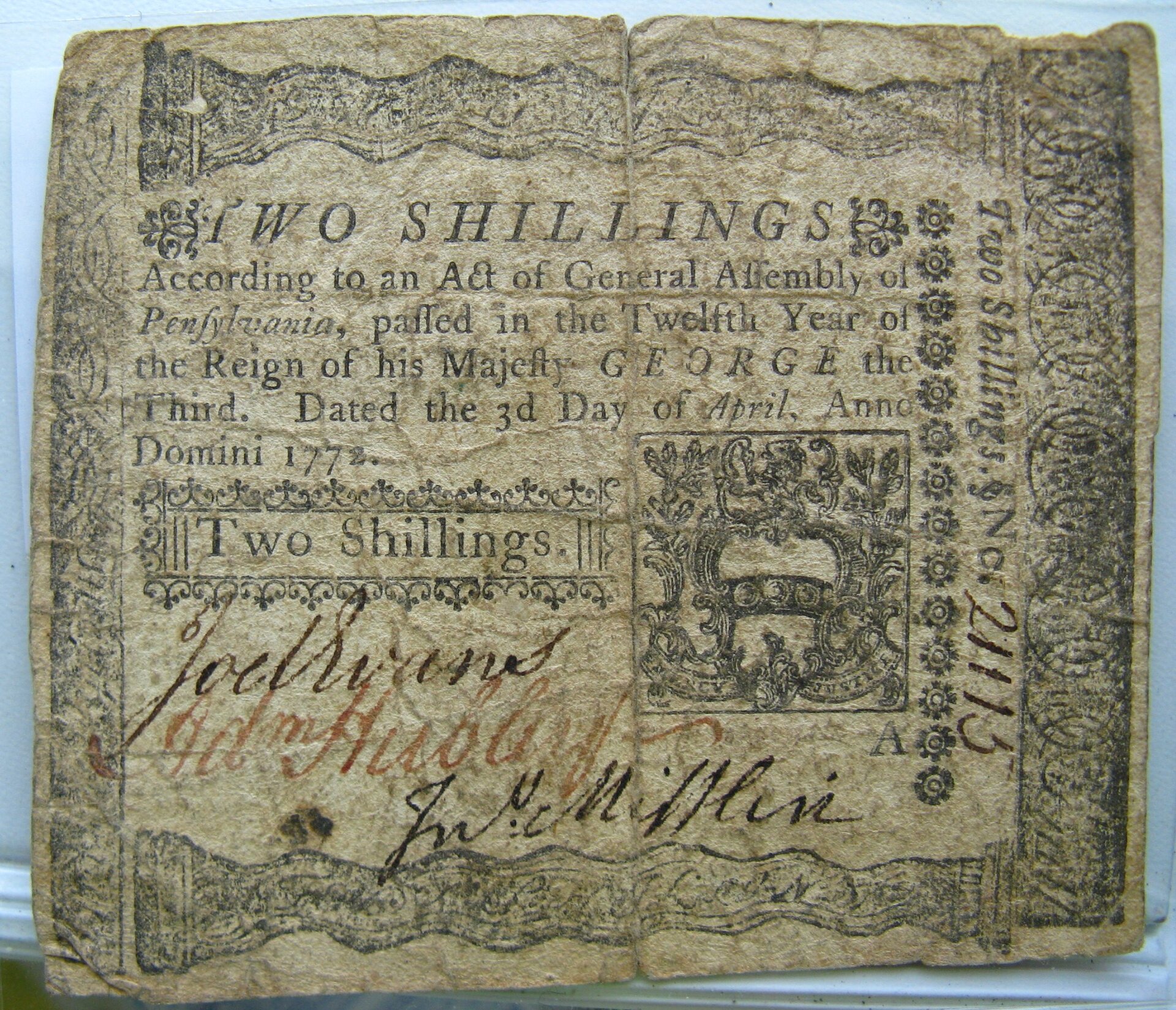 Colonial Pennsylvania 2 shillings 1772 bought ebay 3-22-13.JPG