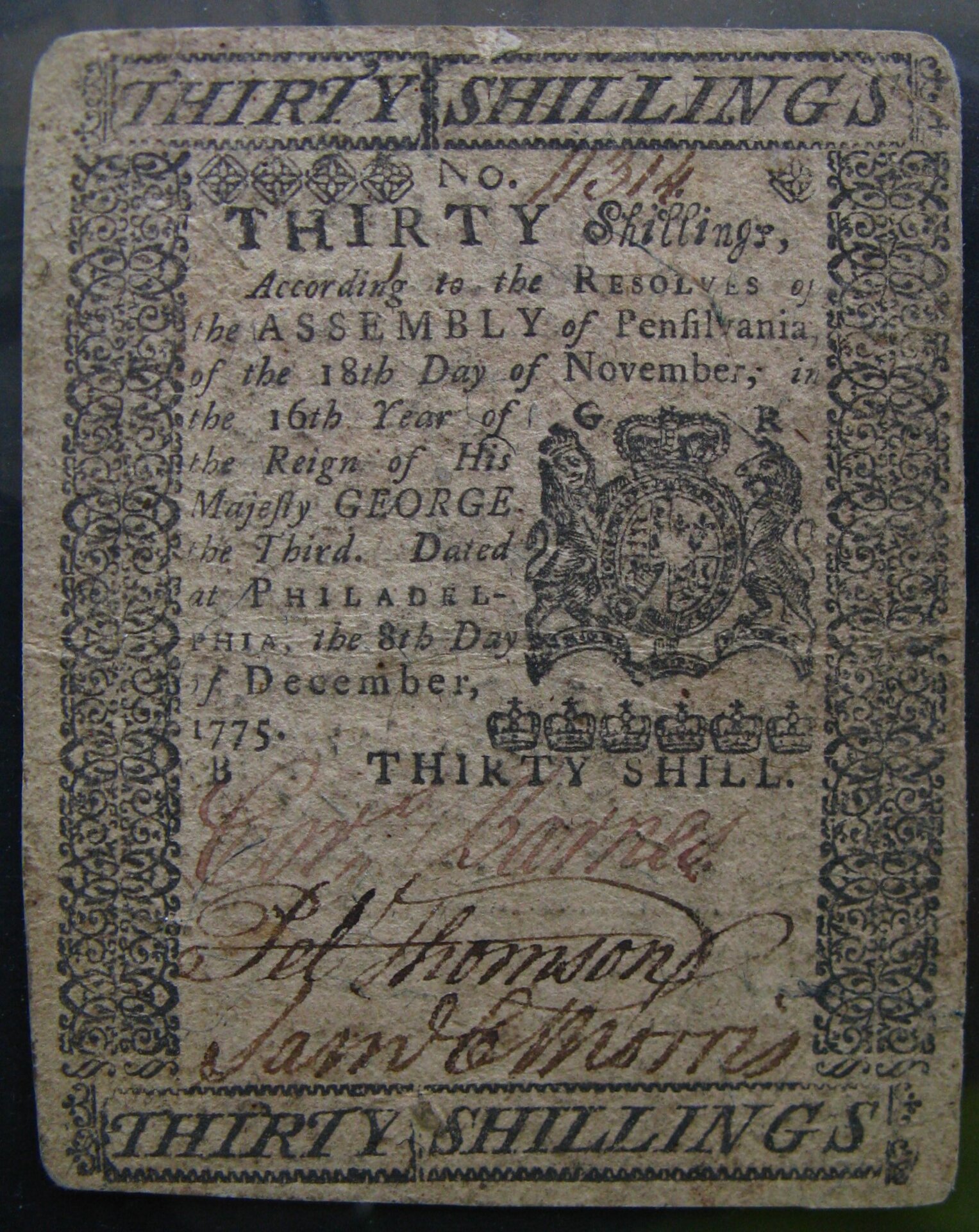 Colonial Pennsylvania 30 shillings (bght ebay 3-25-13).JPG