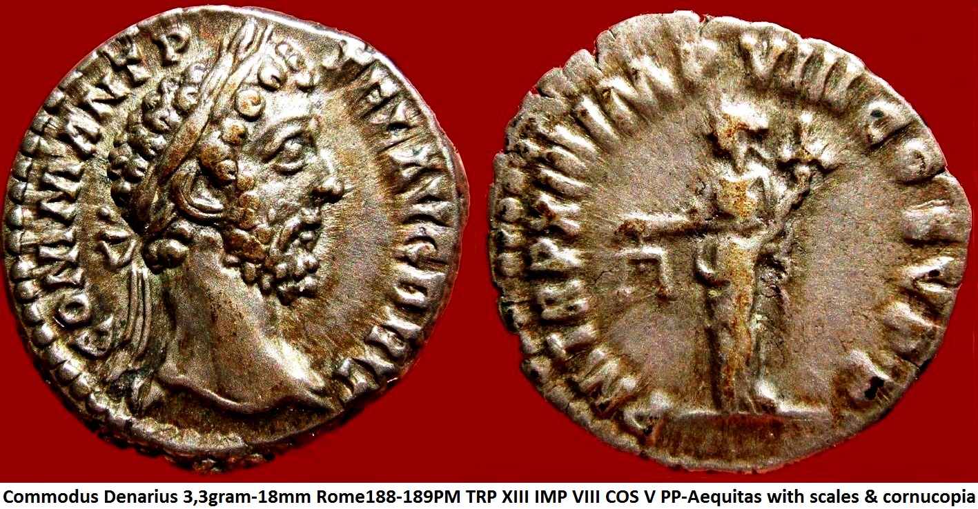 commodus denarius 18mm 3,33 gram 188-189 PM TR P XIII IMP VIII COS V PP Aequitas.jpg