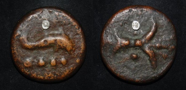 Compare RR Aes Grave TRIENS 90-3g 46mm to Iona Kolophone AR Tetartemorion 0-15g 4-25mm Obv-Rev.jpg