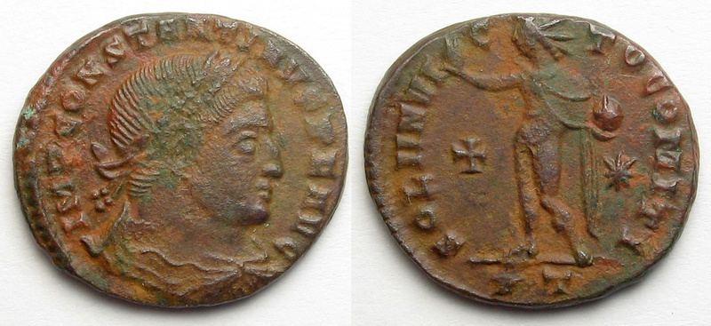 Constantine I Sol SIC Ticinum 316-1 (cross+star, RIC VII Ticinum 43 R4) 2nd coin 12-2003 4.22g.jpg