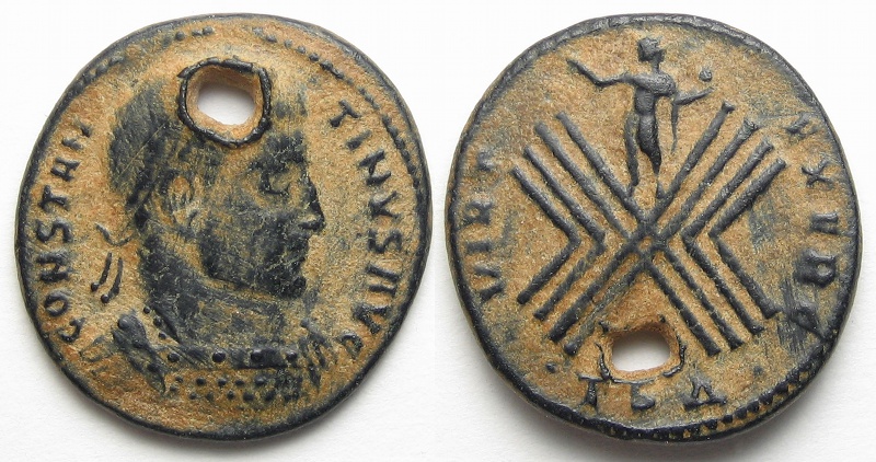 Constantine I Virt Exerc Thess 319 (RIC VII Thess 66 R5) holed 19x18mm.jpg