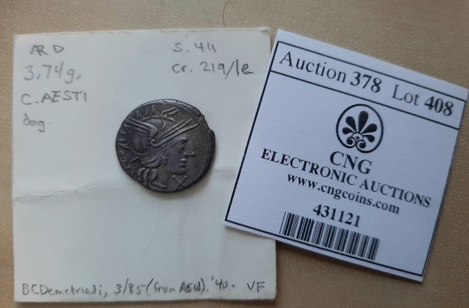 Contrast increased Old Coin Tickets for C. Antestius denarius (Rev puppy beneath Dioscuri).jpg