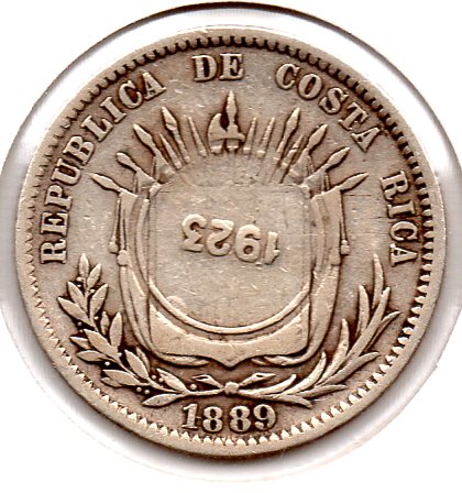 Costa Rica - 50 Centimos - 1923 - (Counterstamped) 25 Centimos - 1889.jpg