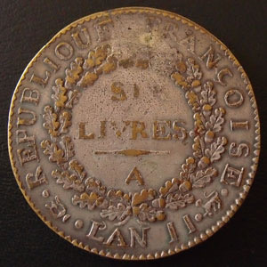 Counterfeit Ecu de Six Livres Paris L'an II OBV - 1.jpg