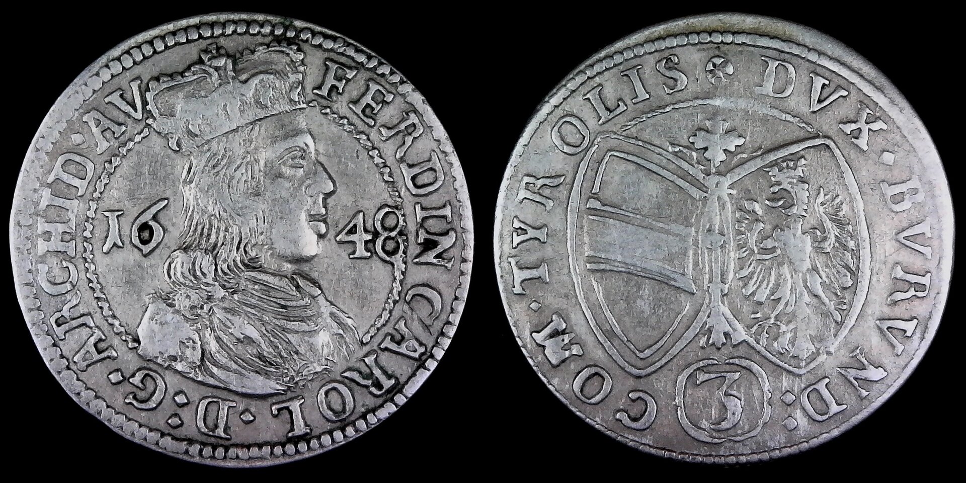 County of Tyrol  Ferdinand Karl - 3 Kreuzers 1648 obv-side.jpg