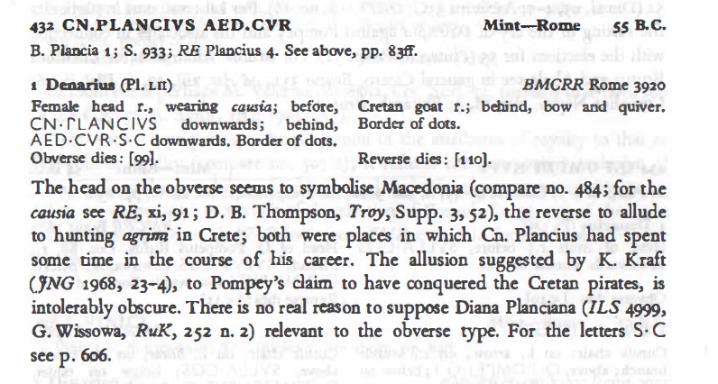 Crawford Vol. 1 p. 455 discussion re no. 432-1 (Cn. Plancius - Cretan goat reverse).jpg