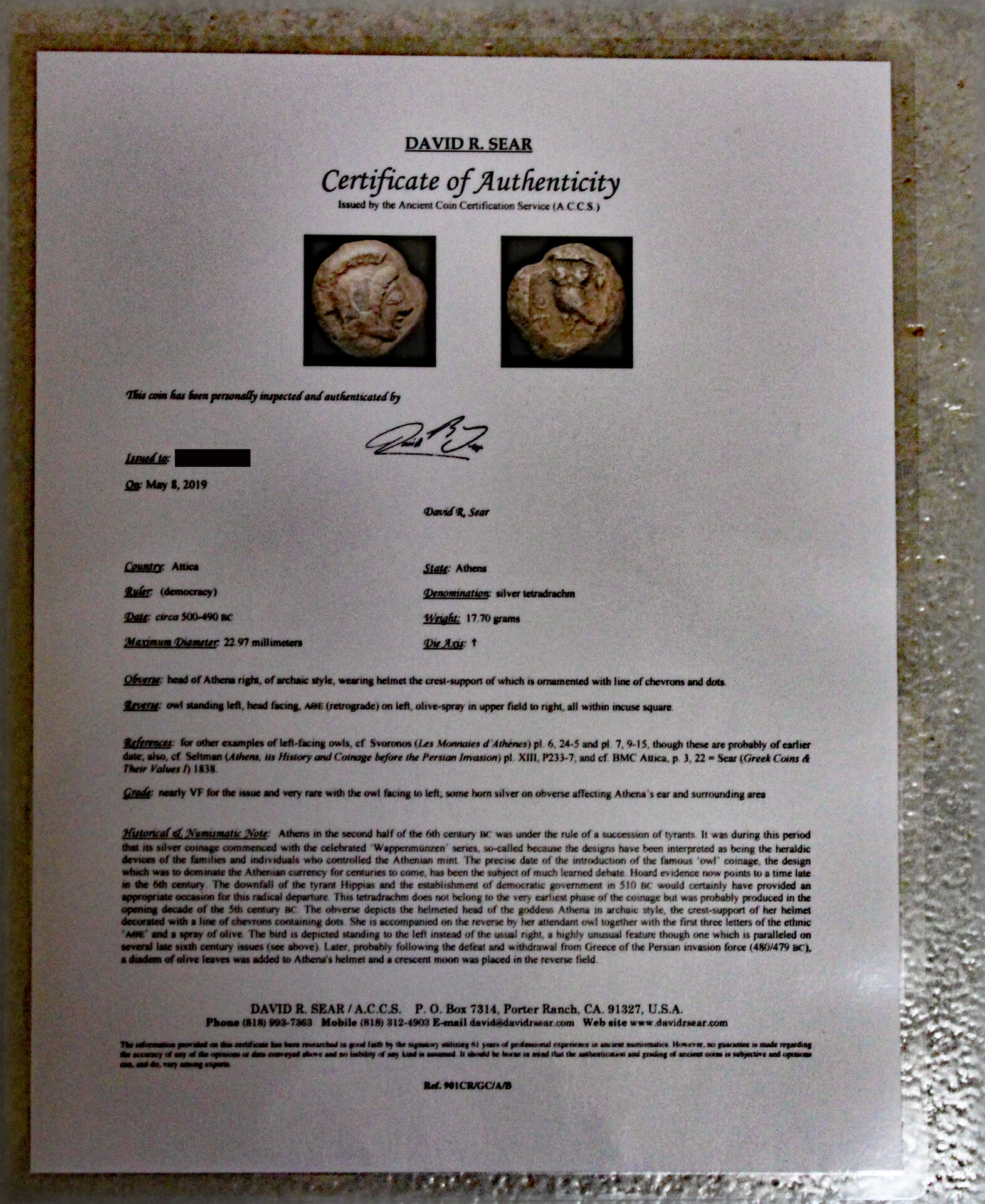 D-Camera David Sear certificate for archaic owl, inverted reverse, 17.70g 1-16-22.jpg