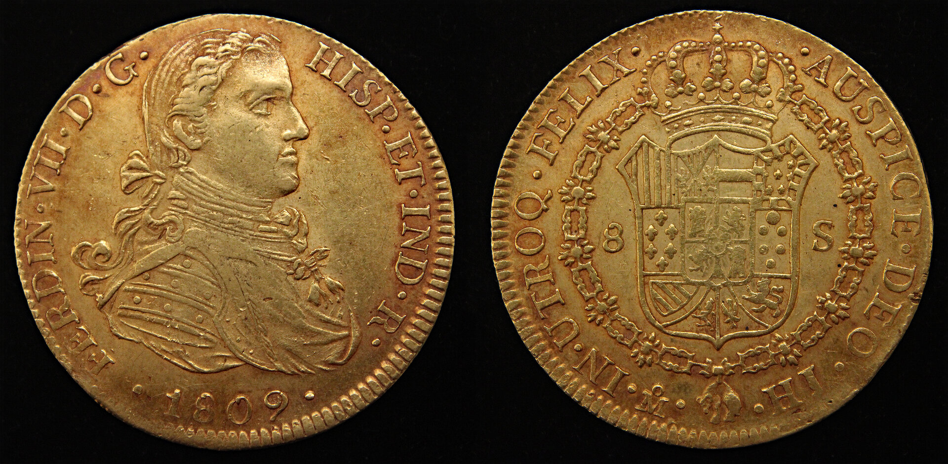 D-Camera Ferdinand VII 8 escudos Mexico 1809HJ 27g KM160 KS 1-28-22.jpg