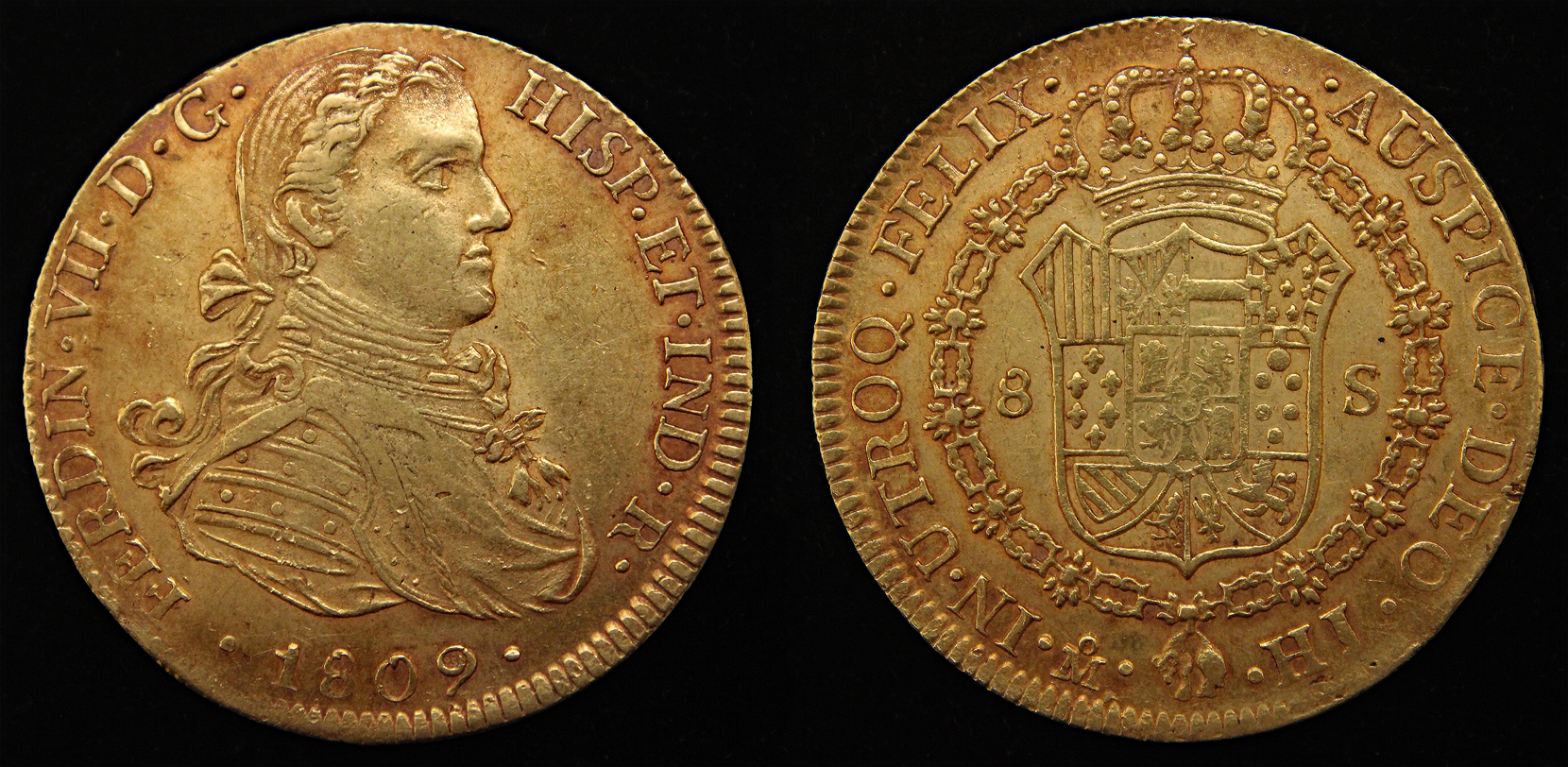D-Camera Ferdinand VII 8 escudos Mexico 1809HJ 27g KM160 KS 1-28-22.jpg