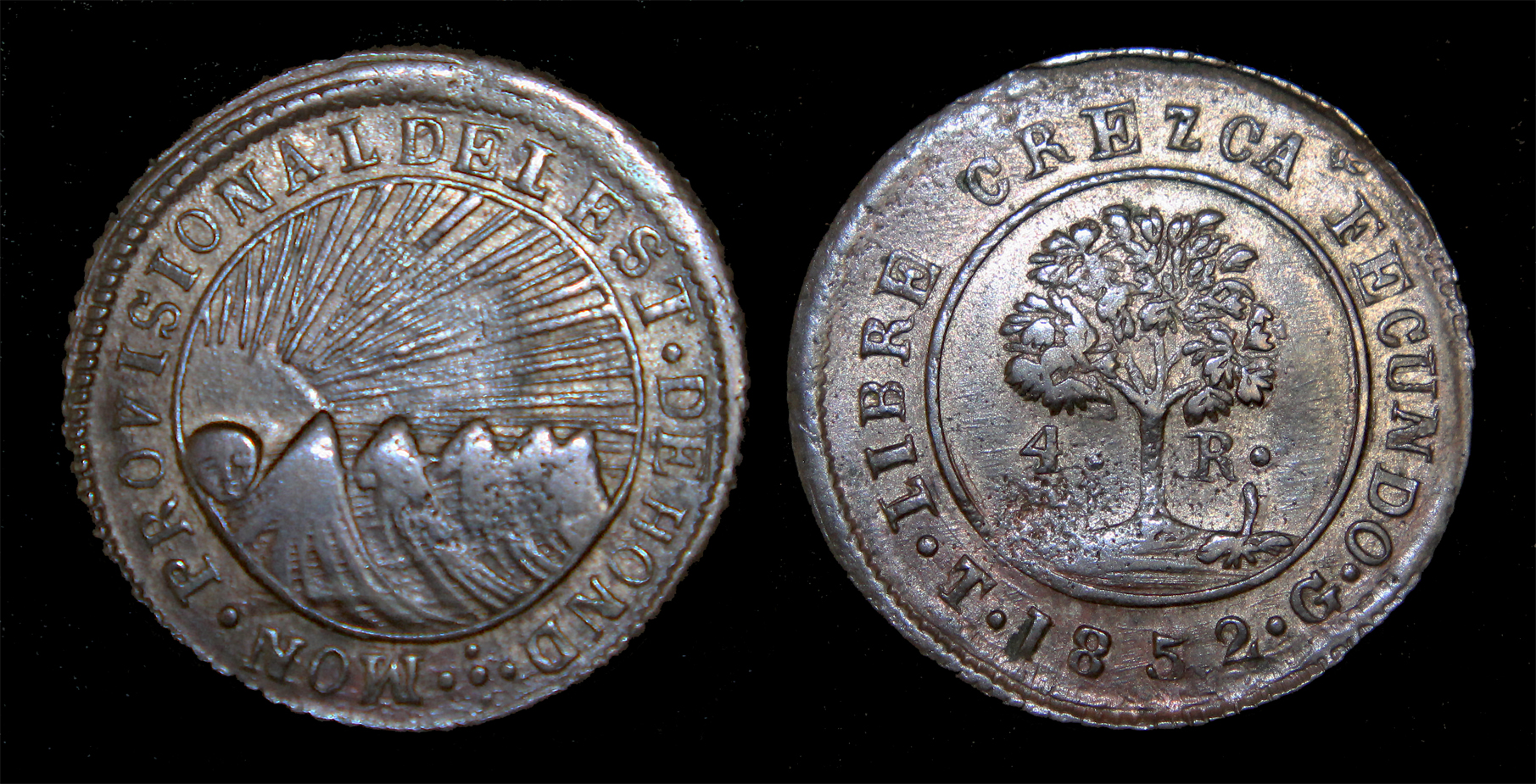 D-Camera Honduras 1852 T G 4 Reales KM 20b 8.57 grams Sedwick 19 1450 6-13-23.jpg